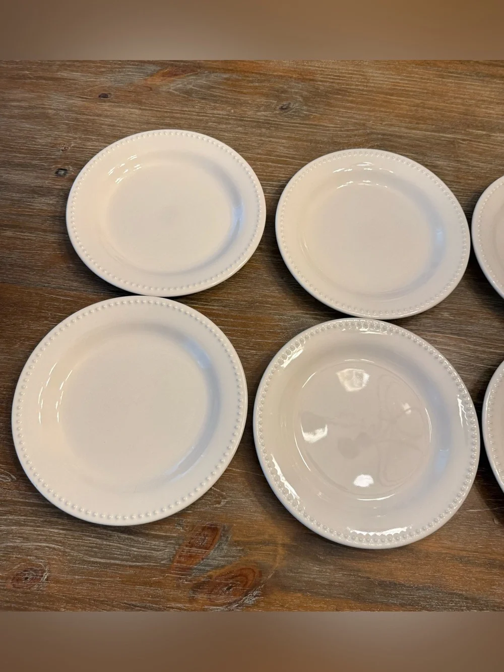 SET OF (10) POTTERY BARN EMMA BEADED STONEWARE DINNER PLATES